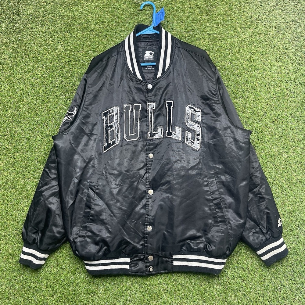 Vintage Chicago Bulls Satin Starter Jacket Mens 2XL Varsity Snap Front Black 90s